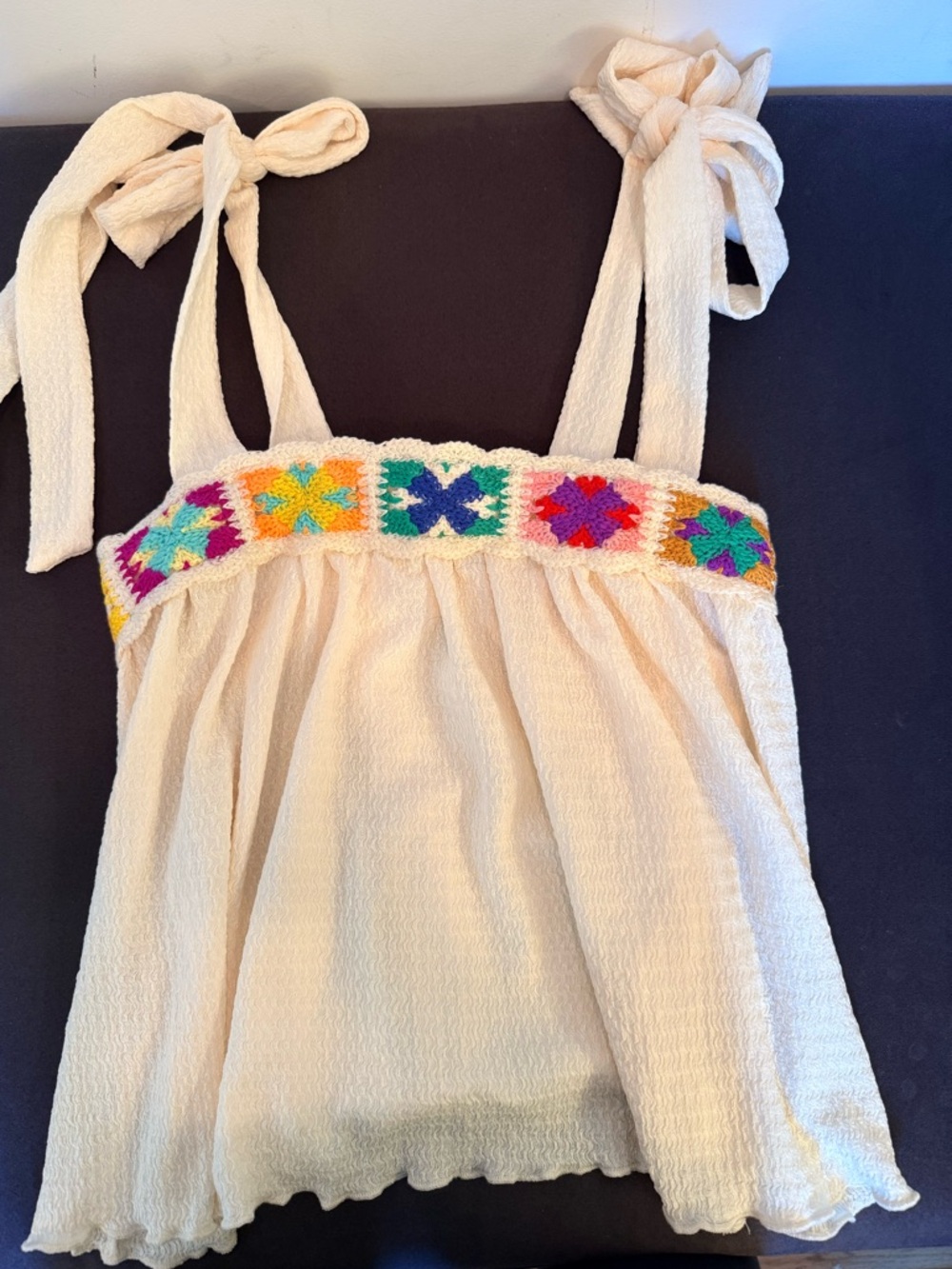 Shein Cream Smocked Tube Top with Colorful Embroidered Band